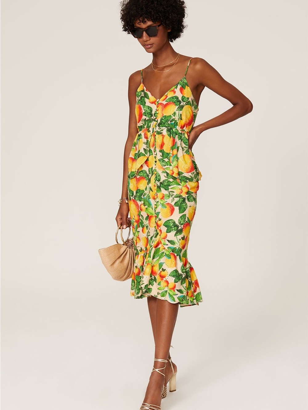 FARM Rio Lemon Dress - Small Sands Eyelet Midi Citrus Dress